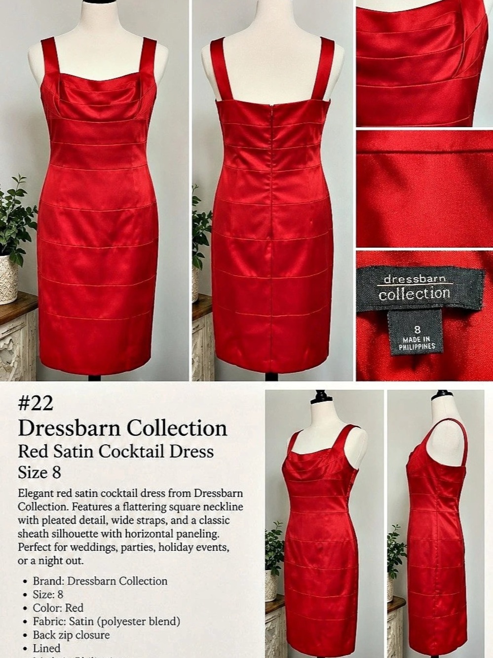 Dressbarn Red Satin Cocktail Dress Satin Midi Dress in Red Size 8